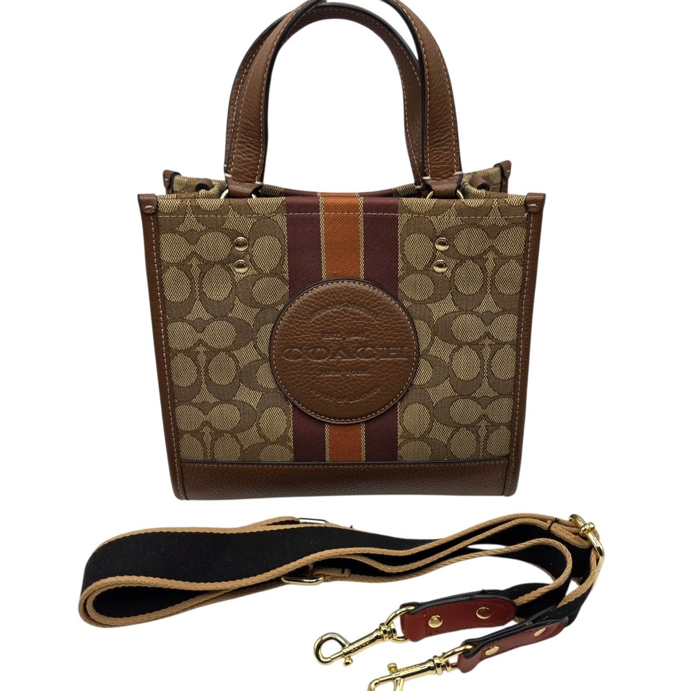 Coach Dempsey Tote Bag Womens Small Brown Signature Stripe Canvas Leather